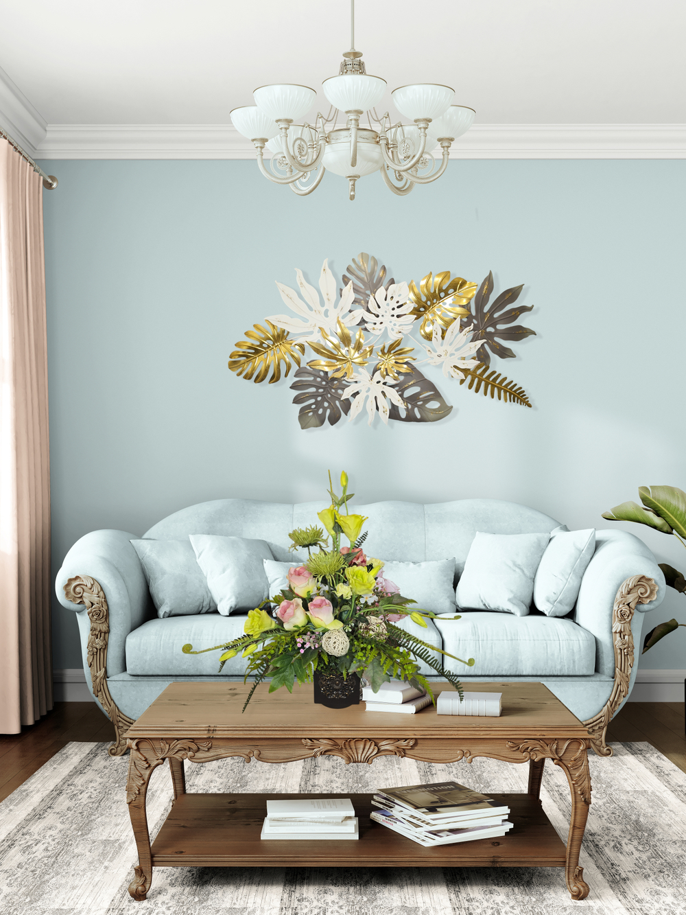 Панно на стену для интерьера декоративное большое металлическое "Листья монстеры" 130*71 см