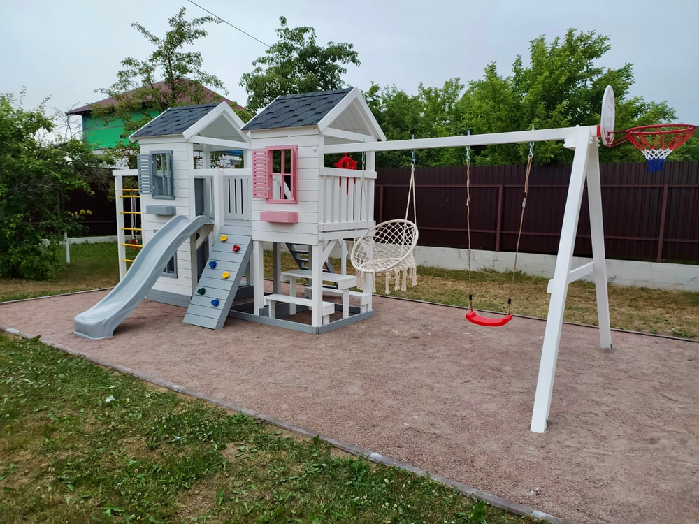 Детский деревянный домик с качелями Флоренция + спортивная секция