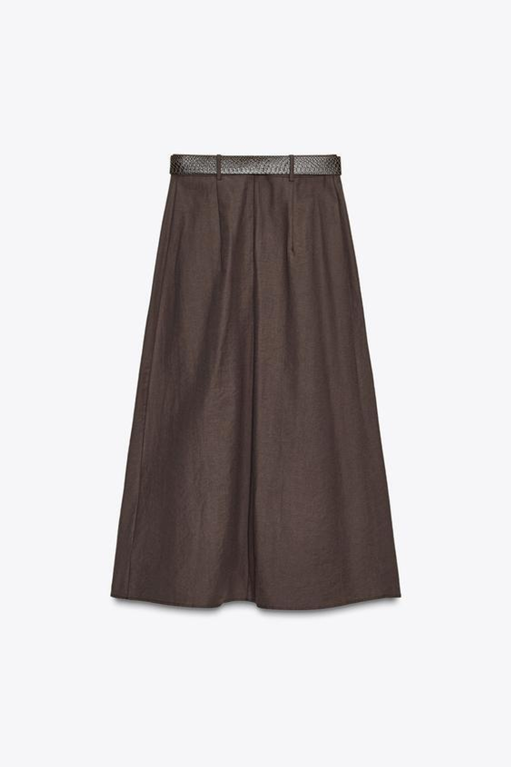 ZARA ЮБКА-КЛЕШ МИДИ С РЕМНЕМ, КОРИЧНЕВЫЙ