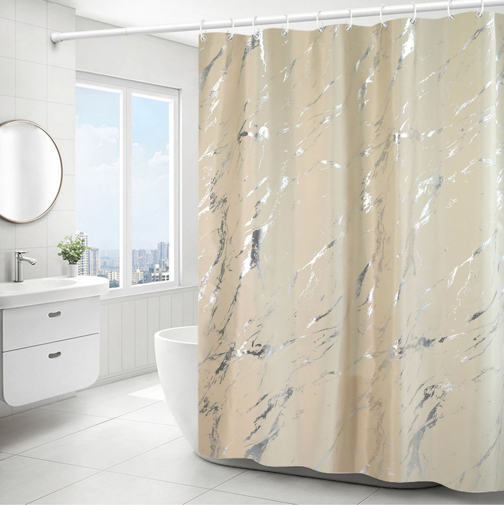 Шторы для ванной комнаты 180*180 см полиэстер, цвет бежевый мрамор, 12 колец в комплекте