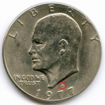 1 доллар 1977 год (D). США. Эйзенхауэр. Медь с медно-никелевым покрытием, диаметр 38.1 мм. XF-AU