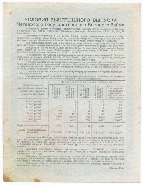 Облигация 100 рублей 1945 год. 4-ый государственный военный заем. Серия 072419. VF