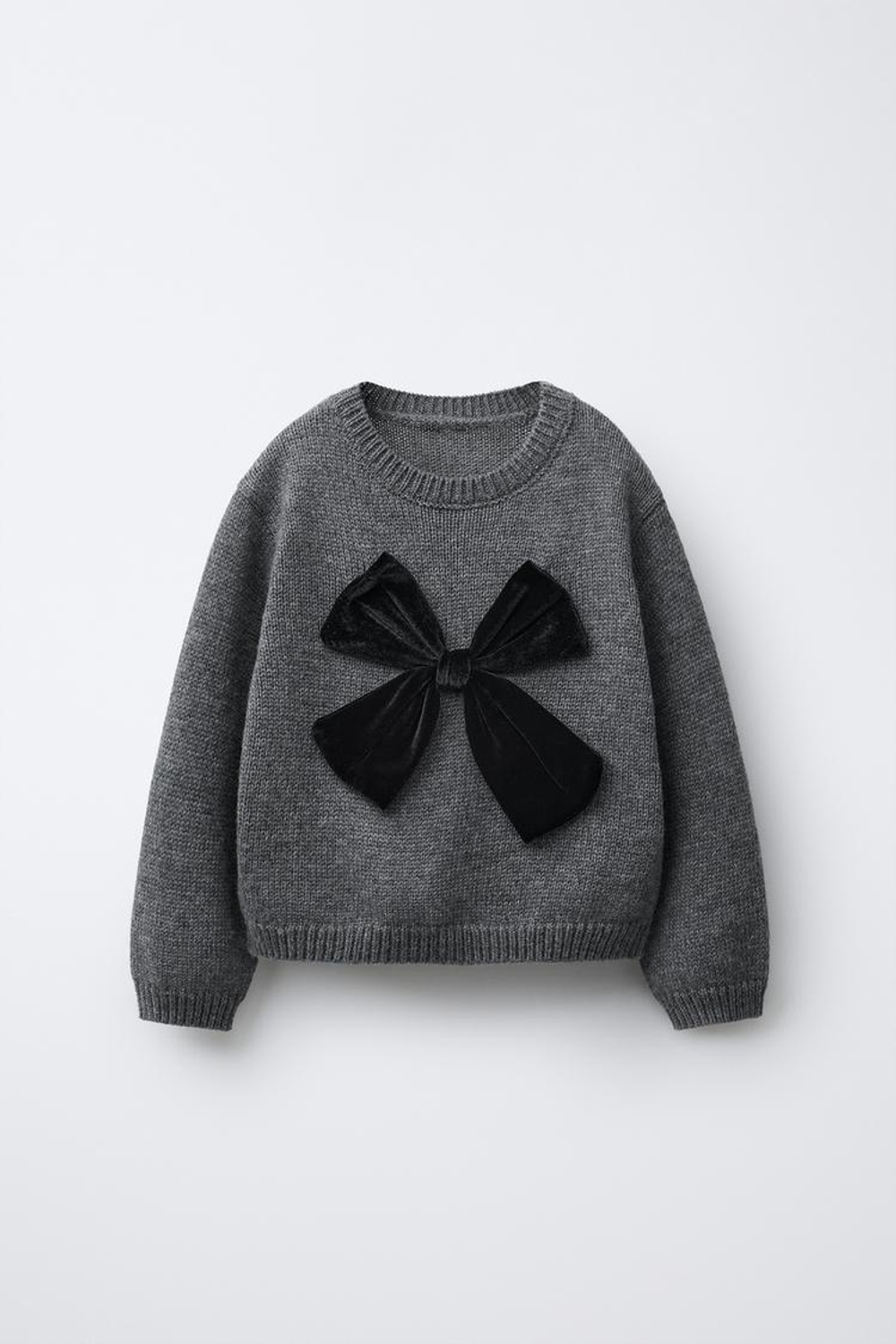 ZARA ТРИКОТАЖНЫЙ СВИТЕР С БАРХАТНЫМ БАНТОМ, СЕРЫЙ МЕЛАНЖ