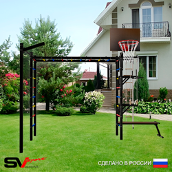 Уличная шведская стенка Sv Sport рукоход с комплектом турник прямой У5123К (Турник/Брусья/Стойка/Скамья/Щит баскет/Кронш бокс/Канат/кольца/лестница)