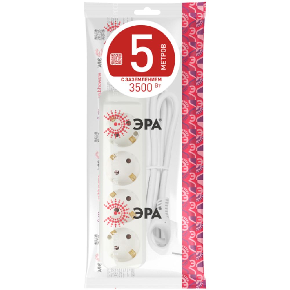 Удлинитель электрический ЭРА U-4e-5m-3x1 с заземлением 4 розетки 5м ПВС 3x1мм2 16А | Бытовые удлинители