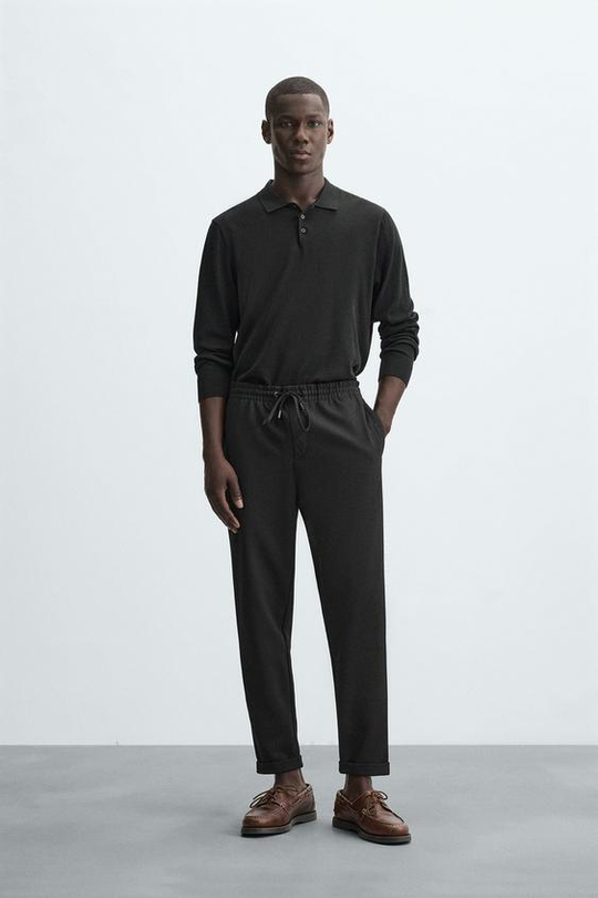ZARA БРЮКИ EASY CARE С ПОЯСОМ НА ШНУРКЕ, ЧЕРНЫЙ