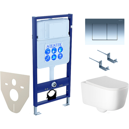 Комплект унитаза с инсталляцией Aquatek Set Aquatek Лугано 4в1 с сиденьем Микролифт и клавишей смыва Хром глянцевый