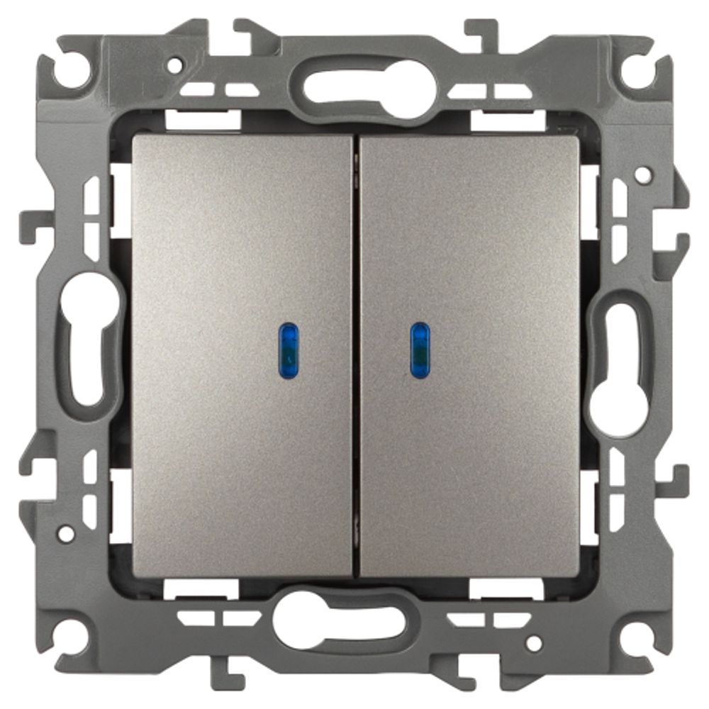 Выключатель ЭРА Серия 12 12-1105-16 двойной с подсветкой, 10АХ-250В, титан | ЭРА 12 Титан