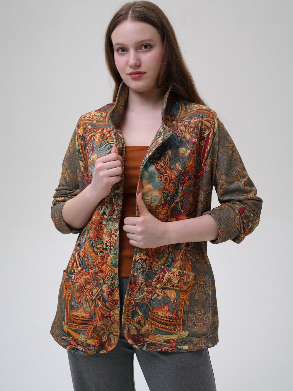 Трикотажный жакет "Четыре стихии", по мотивам фламандского гобелена 17 века "Времена года, четыре стихии"