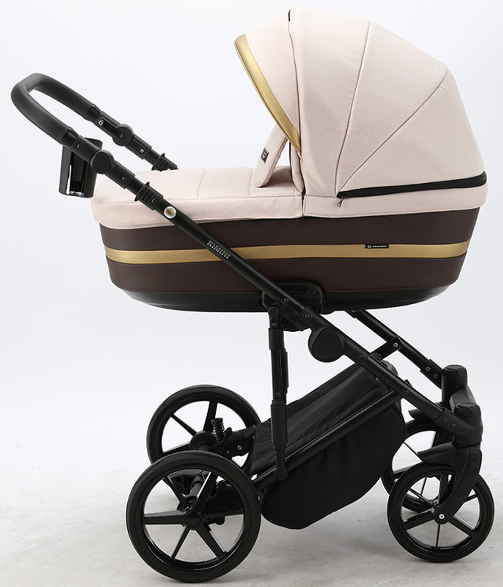 Детская коляска Adamex Rimini 3 в 1 RI84-TIP СВ.БЕЖЕВО-РОЗОВ+Т.КОРИЧНЕВ.КОЖА+ЗОЛОТО.ОТДЕЛКА