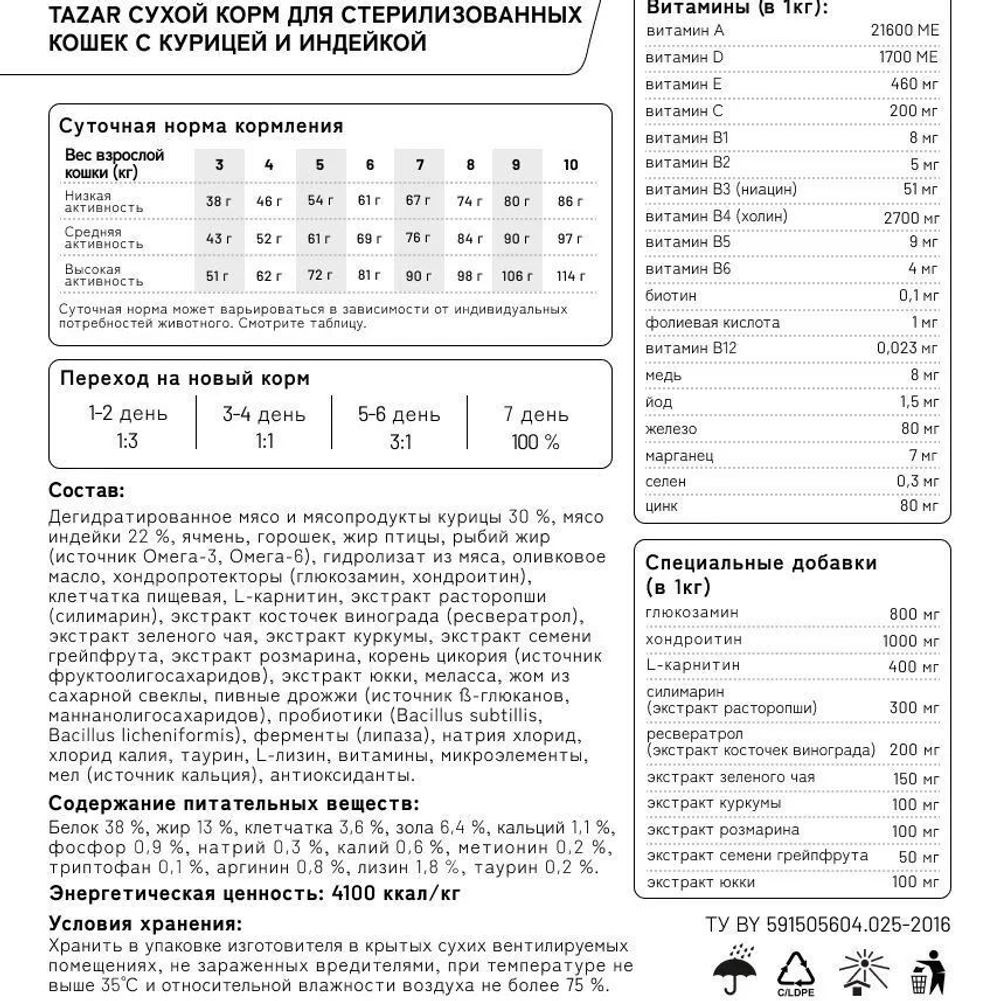 TAZAR Сухой корм для стерилизованных кошек с курицей и индейкой 2кг