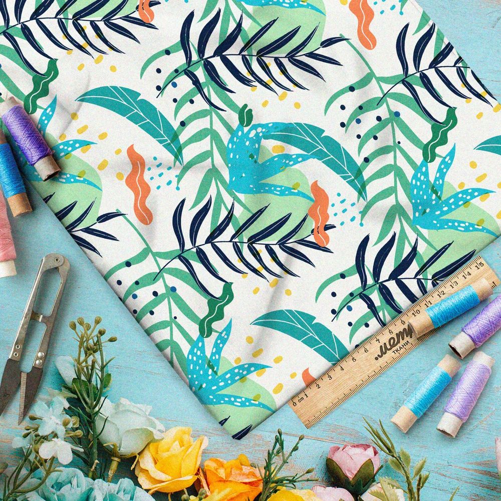 Ткань шифон водоросли и головастики на бежевом фоне