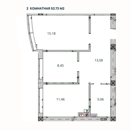 2-комн. квартира, 53,73 м²; 2,3 этажи
