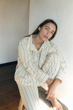 ZARA БРЮКИ В ПИЖАМНОМ СТИЛЕ В ПОЛОСКУ, ЭКРЮ/СИНИЙ