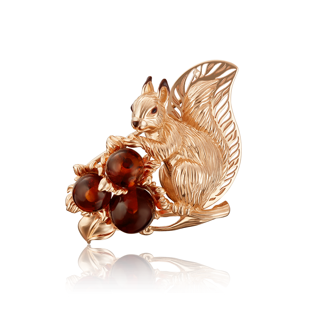 Брошь «Белка» из красного золота с янтарём и эмалью