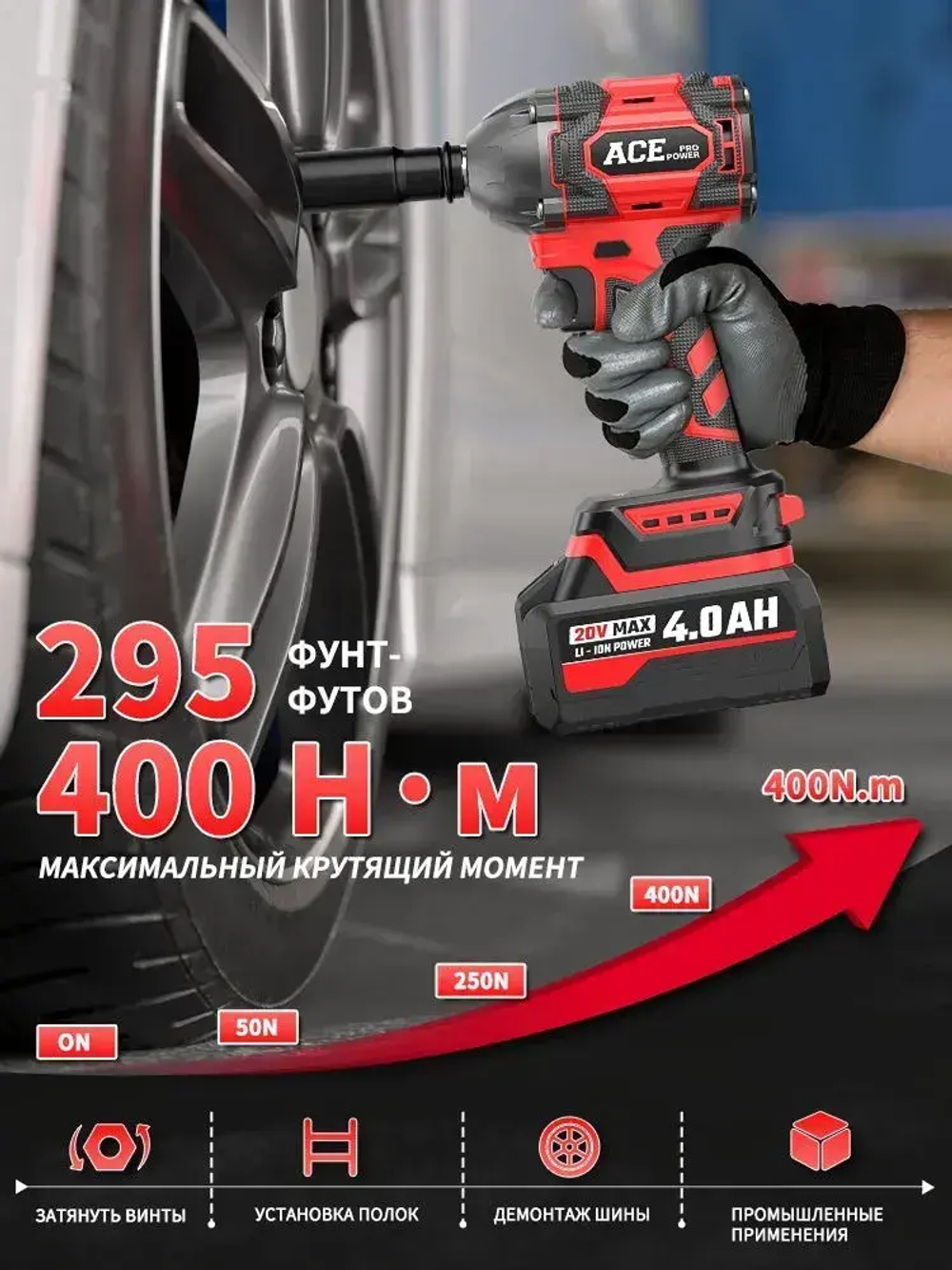 AcePower 20B 400Н.м Беспроводной ударный гайковёрт МАКС. 3000 ОБ/МИН