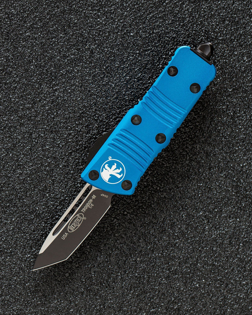 Автоматический складной нож Microtech Mini Troodon Black Tanto 240-1BL (голубой) фронталка/выкидуха