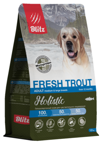 Сухой корм для собак Blitz Holistic Fresh Trout Adult Dog Medium & Large breeds (Monoprotein) монопротеин со свежей форелью для средних и крупных пород гипоаллергенный корм чувствительного пищеварения, 12 кг