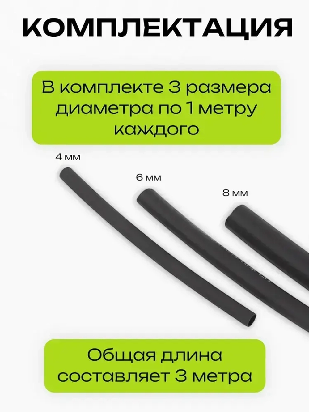 Термоусадочная трубка для проводов набор, Диаметр 4, 6, 8 мм, Черная, 3 метра