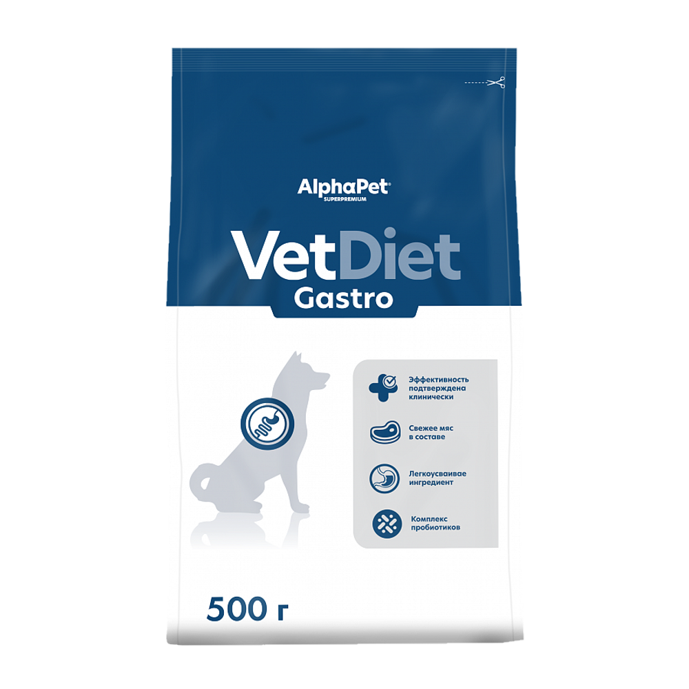Сухой диетический корм AlphaPet VetDiet GASTRO для взрослых собак при острых расстройствах пищеварения, в реабилитационный период и при истощении