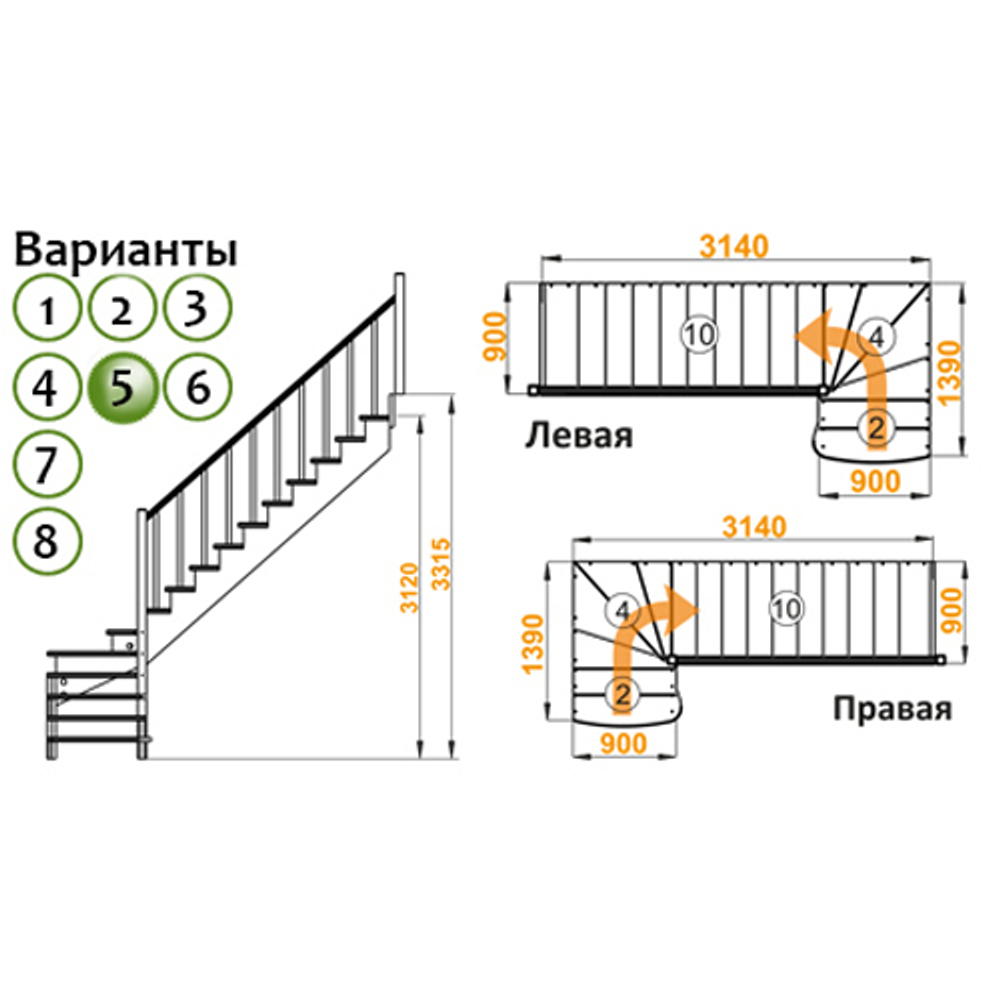 Лестница К-001м/5 Л c подступенками сосна (6 уп)