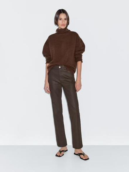 Massimo Dutti Брюки прямого кроя с высокой посадкой и вощеным покрытием, коричневый