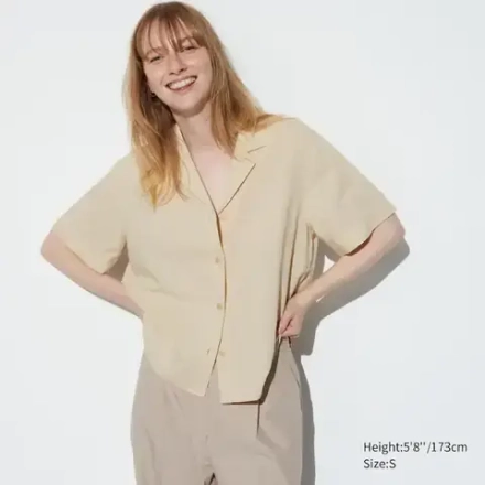 UNIQLO РУБАШКА С ОТКРЫТЫМ ВОРОТОМ ИЗ ЛЬНЯНОЙ СМЕСИ И КОРОТКИМИ РУКАВАМИ, БЕЖЕВЫЙ