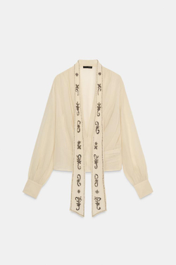 ZARA РУБАШКА ИЗ ЖОРЖЕТА С ФУЛЯРОМ И БУСИНАМИ, БЕЖЕВЫЙ