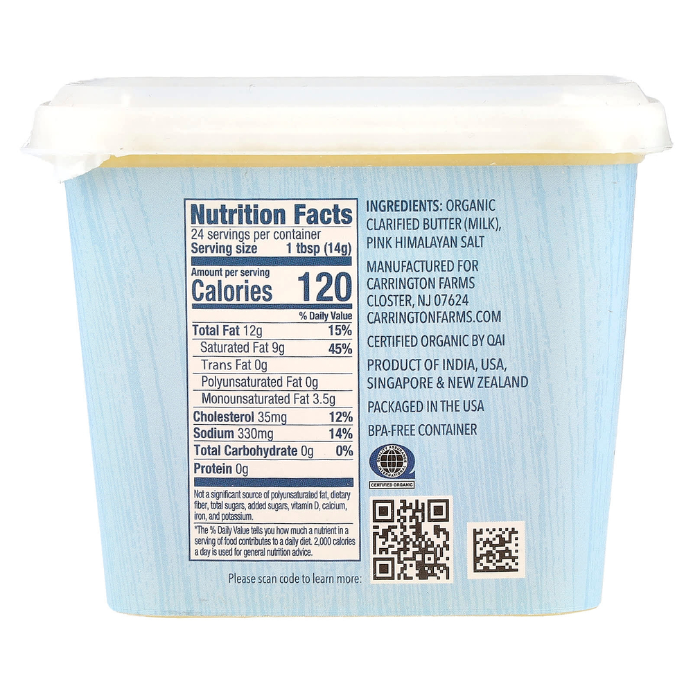 Carrington Farms, Органическое топленое масло с розовой гималайской солью, травяного откорма, 355 мл (12 жидк. унц.)