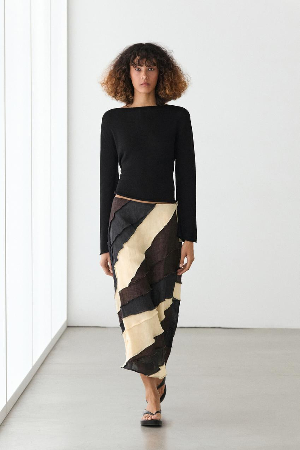 Massimo Dutti Многослойная контрастная льняная юбка миди, коричневый