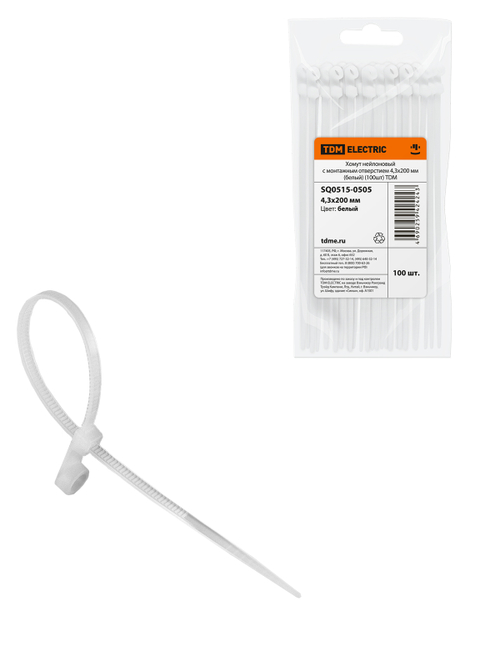 Хомуты нейлоновые белые с монтажным отверстием 200х4,3мм (100 шт/уп) TDM