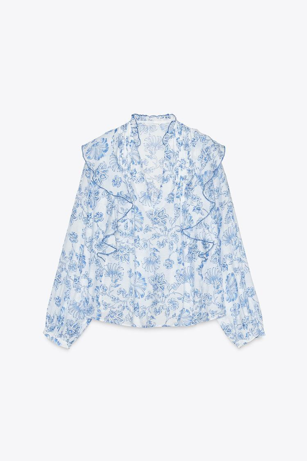 ZARA БЛУЗА ИЗ ТКАНИ С ПРИНТОМ СО СБОРКАМИ И ВОЛАНАМИ, СИНИЙ/БЕЛЫЙ