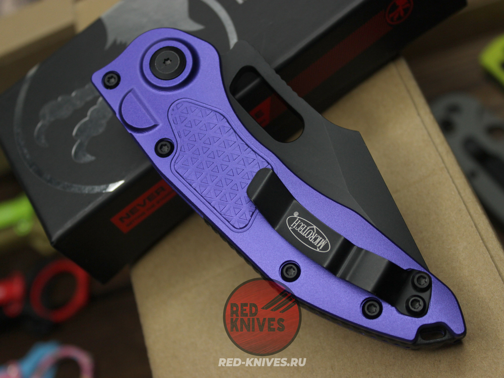 Нож Microtech Stitch Acid Purple AL + пружина A+++ - черный клинок, рукоять фиолетоый алюминий