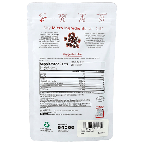 Micro Ingredients, масло антарктического криля, 150 капсул (500 мг в 1 капсуле)