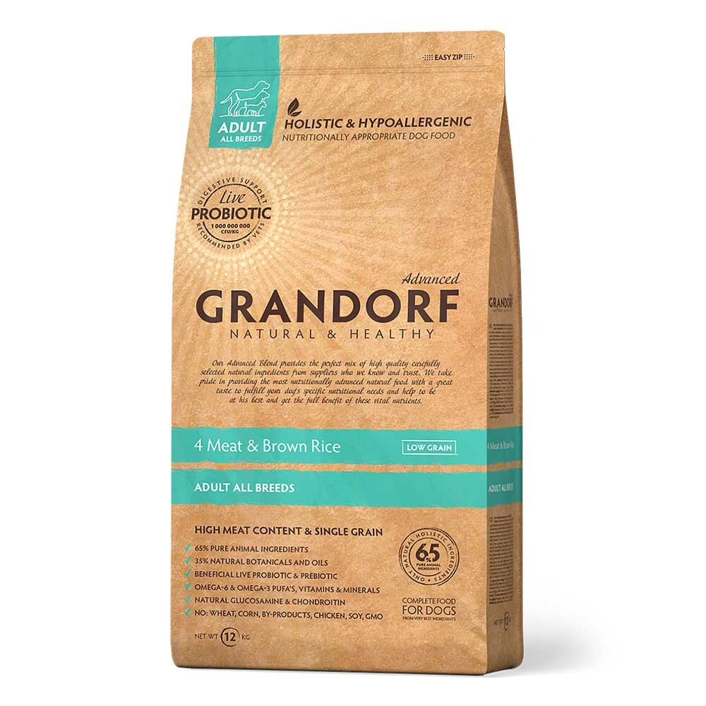 Grandorf Adult All Breeds 4Meat&Brown Rice - корм низкозерновой с пробиотиками для собак всех пород (четыре вида мяса с бурым рисом)