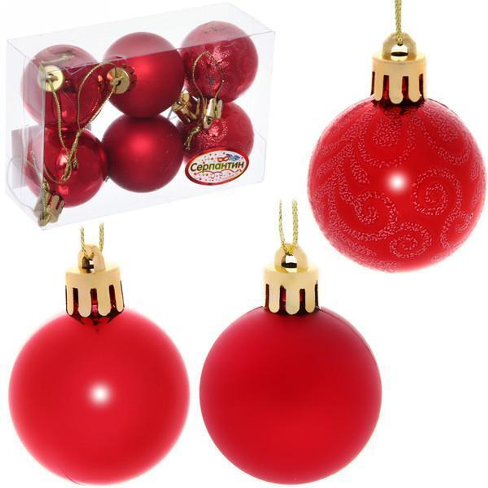 Новогодние шары 4 см (набор 6 шт) "Микс фактур", красный (Серпантин)