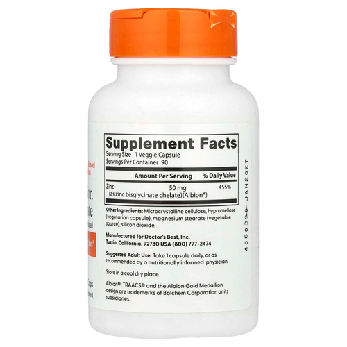 Doctor's Best, легкоусвояемый бисглицинат цинка, на 100% в хелатной форме, 50 мг, 90 вегетарианских капсул