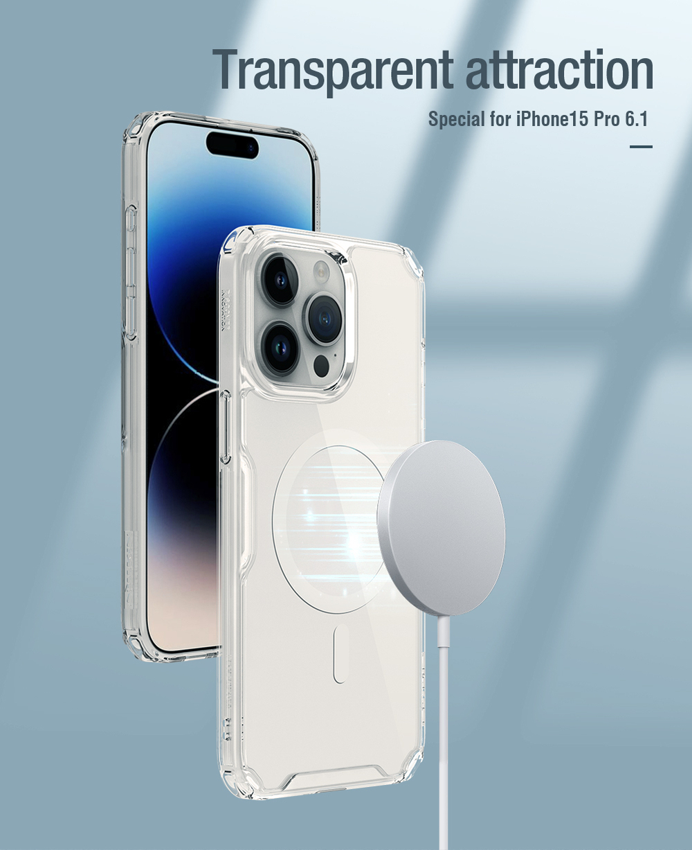 Прозрачный чехол от Nillkin с поддержкой магнитной зарядки MagSafe для iPhone 15 Pro, серия Nature TPU Pro Magnetic