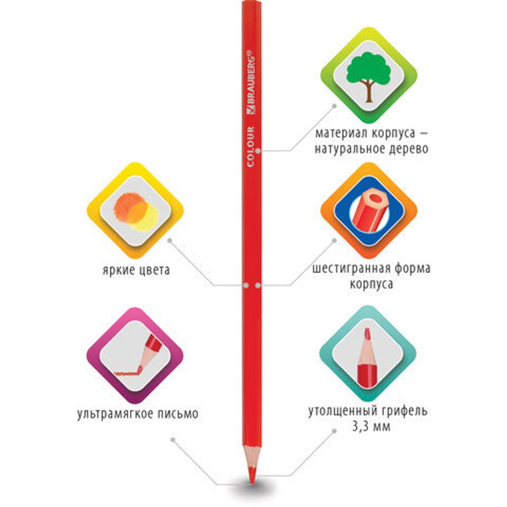 Карандаши цветные BRAUBERG PREMIUM, 24 цвета, шестигранные, грифель мягкий 3,3 мм, 181658