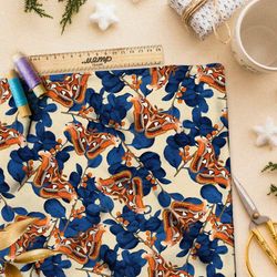 Ткань бифлекс оранжевые бабочки и синие листья на жёлтом фоне