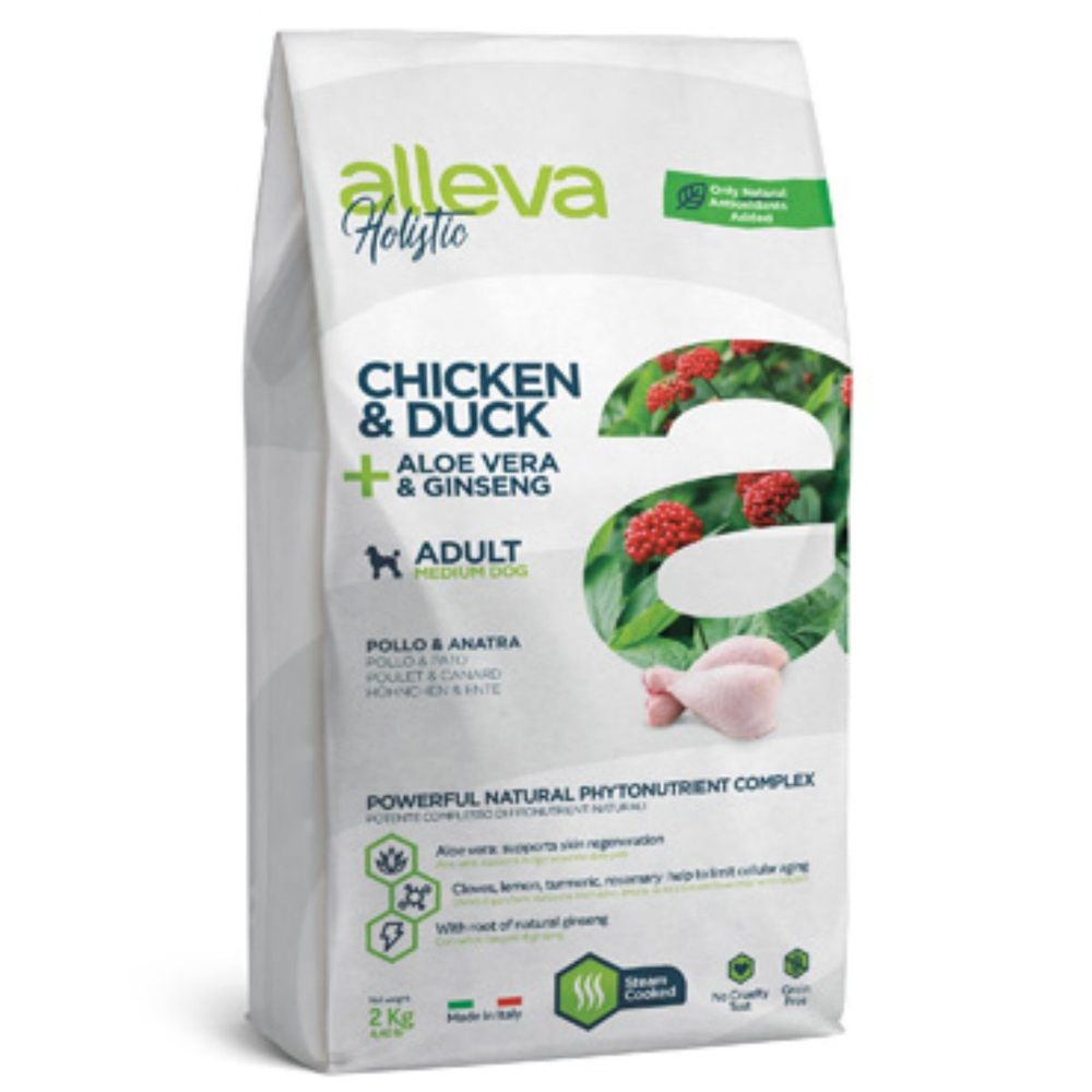 Корм Аллева Холистик Holistic Chicken & Duck + Aloe vera & Ginseng Medium для взрослых собак средних пород, с курицей и уткой, алое вера и женьшенем, 2 кг