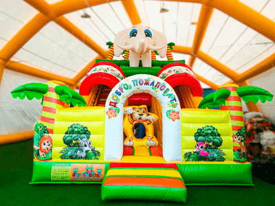 Детский надувной батут-горка "Слоник в джунглях" с прямым скатом 7*5*6 м