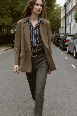 ZARA БРЮКИ В ЕЛОЧКУ С ПОЯСОМ, КОРИЧНЕВЫЙ