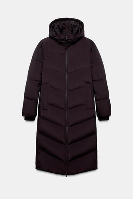 ZARA ДЛИННЫЙ ПУХОВИК С КАПЮШОНОМ WATER REPELLENT WINDPROOF, БУРГУНДИ