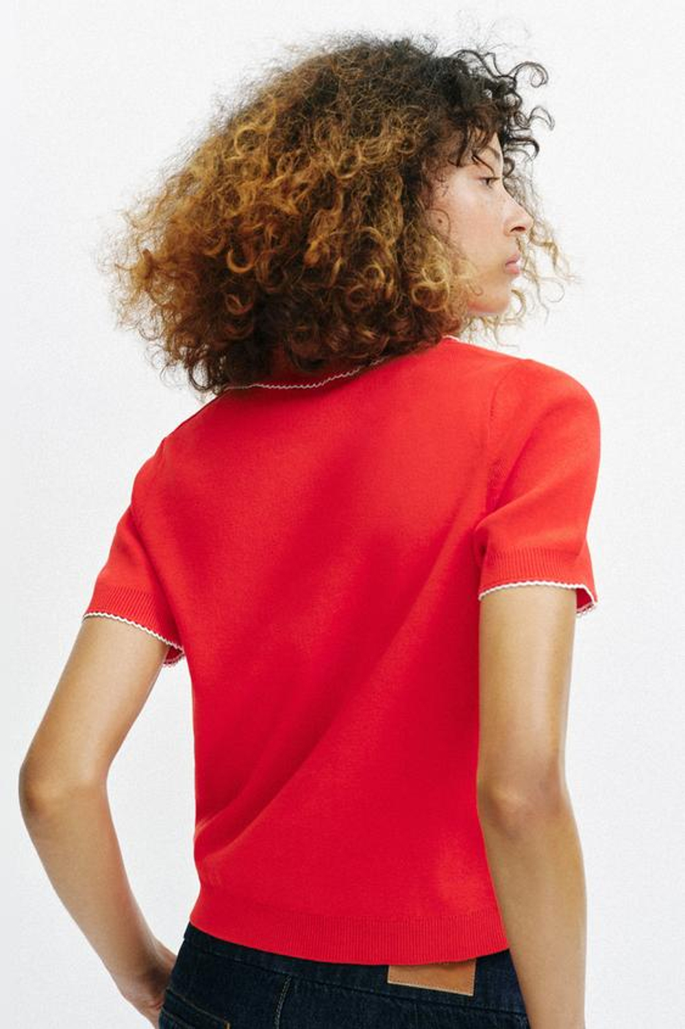 ZARA ПОЛО ИЗ ТРИКОТАЖА С КОНТРАСТНЫМ КРУЖЕВОМ, КОРАЛЛОВО-КРАСНЫЙ