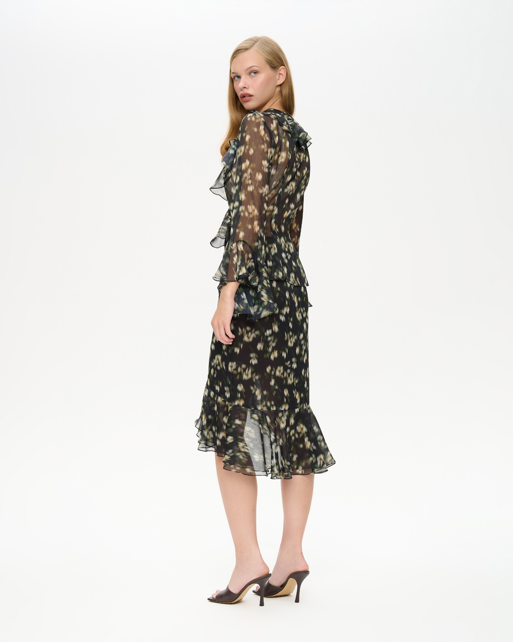 Юбка миди из принтованного шифона с воланом