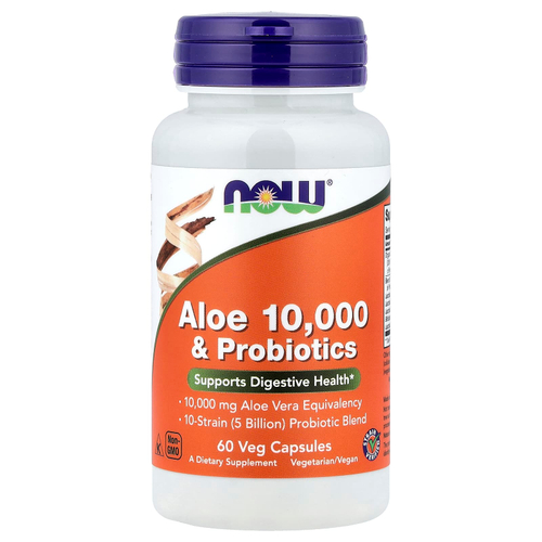 NOW Foods, алоэ 10 000 с пробиотиками, 60 растительных капсул