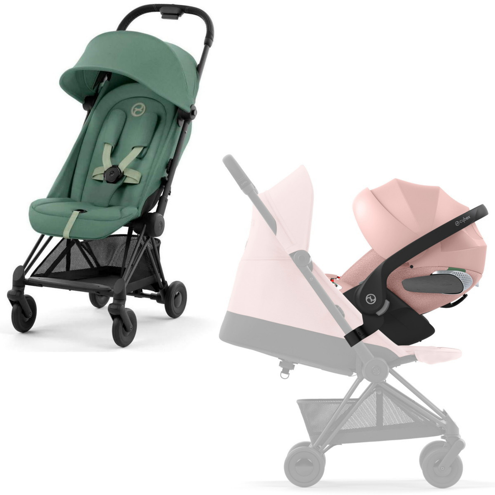 Коляска Cybex Coya Matt Black Frame Cloud T i-Size Peach Pink Plus Leaf Green с дождевиком
