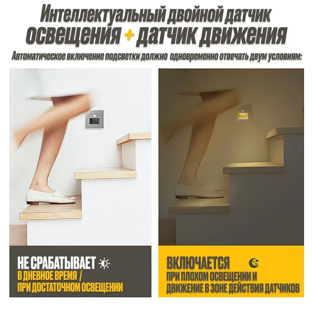 Встраиваемый светодиодный светильник для лестниц с датчиком движения, золотой с подрозетником