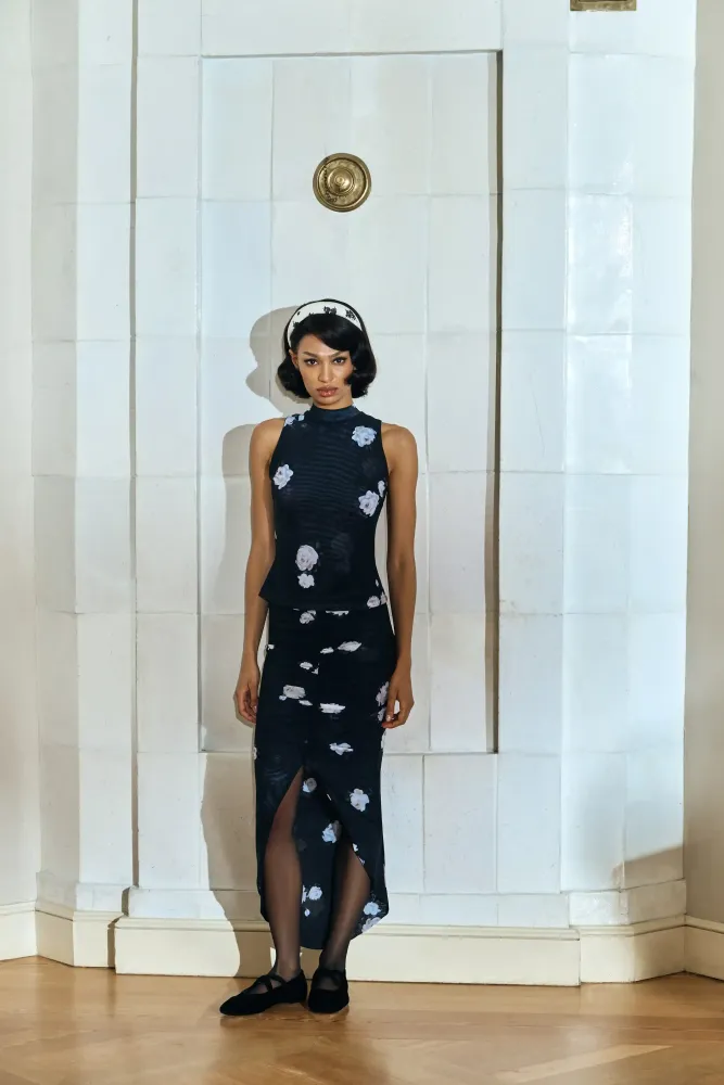 Amalia, юбка миди из черной сетки с цветочным принтом